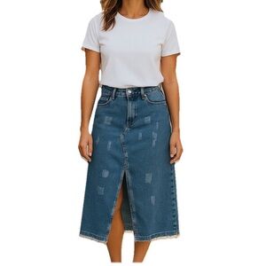 ThCreasa Denim Maxi Skirt with Front Slit